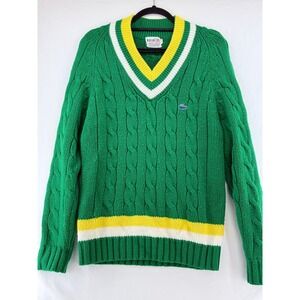 Vintage Izod Lacoste Mens Green Cable Knit V-Neck Cricket Sweater Large L